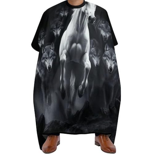 Friseur Umhänge Schwarz und weiß laufende Wildpferde Wölfe, Antistatisch Haarschneideumhang Professionelle Salon Umhang für Männer Haarschnitt 140X168cm von Generic