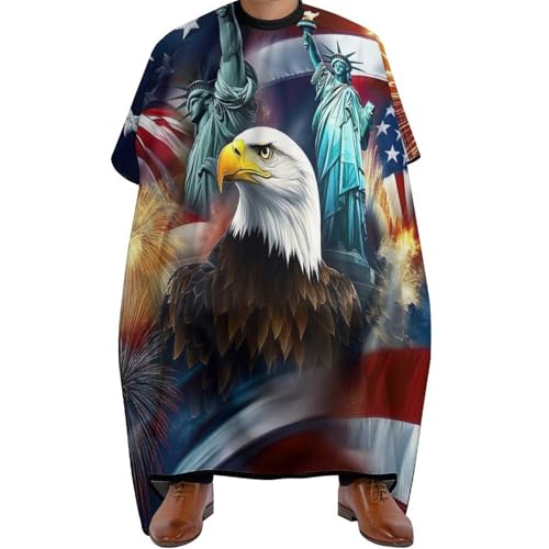 Friseurumhang Freiheitsstatue mit amerikanischer Flagge und Adler, Professionelle Haar Schneideumhang Antistatisch Haarschneidemantel für Männer Haarschneiden 140X168cm von Generic