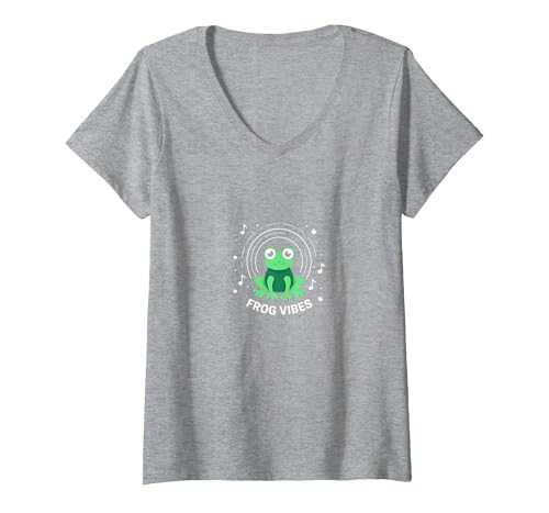 Frog Vibes: Niedlicher Amphibien-Musikliebhaber für Kinder und Erwachsene T-Shirt mit V-Ausschnitt, Damen, Grau Meliert, XXL von Generic