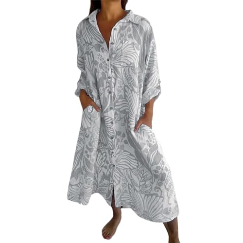 Frotteekleid Damen Damen Frühling Sommerkleider Boho Blumen Knopfleiste Urlaub Strand Fließendes Langes Kleid Bademantel Damen Bademantel Lang Damen Sauna (Grey, XXXXXL) von Generic
