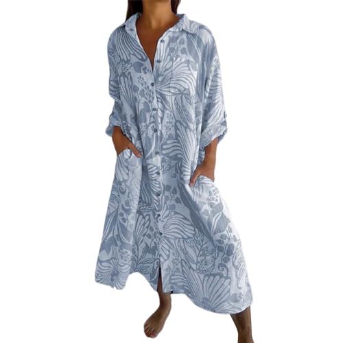 Frotteekleid Damen Damen Frühling Sommerkleider Boho Blumen Knopfleiste Urlaub Strand Fließendes Langes Kleid Bademantel Damen Bademantel Lang Damen Sauna (Light Blue, XL) von Generic