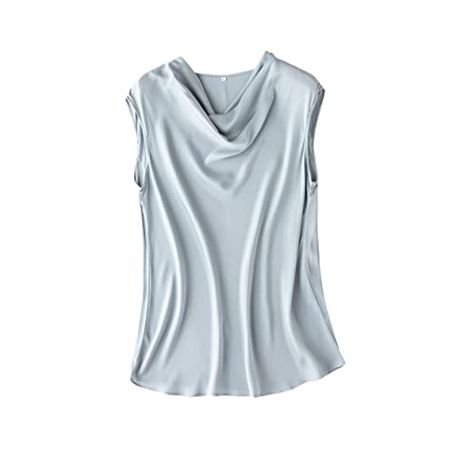 Frühling Sommer Damen Seide Hemd 93% Seide 7% Spandex solide kurze Ärmel drapiert Kragen T-Shirt schickes Oberteil, silber, M von Generic