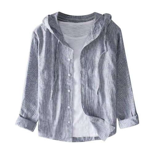 Frühling und Sommer Neue Herren lose Mode Sonnenschutz Kapuze Langarm einfarbig Leinenhemd Herren Hemd Langarm Modern Fit (Grey, XXXXL) von Generic