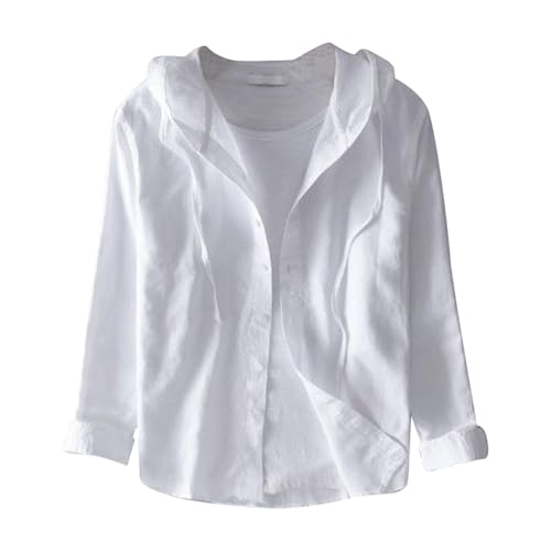 Frühling und Sommer Neue Herren lose Mode Sonnenschutz Kapuze Langarm einfarbig Leinenhemd Herren Hemd Langarm Modern Fit (White, XXL) von Generic