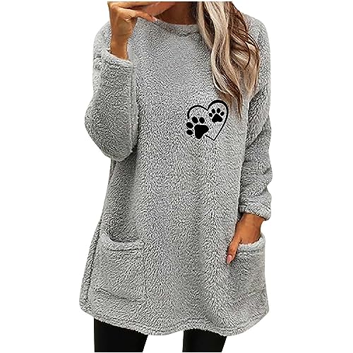 FrühlingsangeboteFleecepullover Damen Sherpa Gefüttertes Teddy-Fleece Warm Oversize Fleecepulli mit Taschen Plush Longsleeve Einfarbig Fleece Flauschig Pulli Y2k Mantel Longbluse von Generic