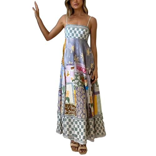 Frühlingskleid Damen Spaghetti Blumenmuster Floral Dress Maxikleid Hippie Boho Stylischer Freizeitkleid Strandkleider Träger Strandkleider Damen Sommer Luftig Blumenkleid(1-Watermelon Red,M) von Generic