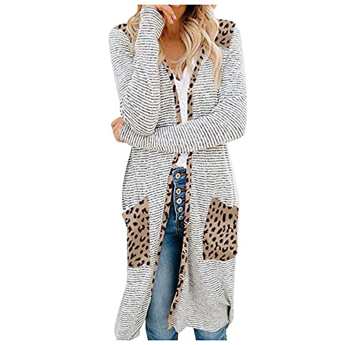 Frühlingsmantel Damen Damen Stripe Leopard Patchwork Button Pocket Long Cardigan Home Holiday Coat Mantel Futter Damen (Khaki, XXL) von Generic