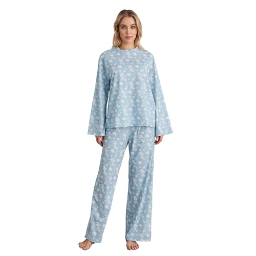 Fruit Pinted Pyjama-Sets für Damen, süßes Langarm-Top mit lockerer Hose, Y2K-Druck, Nachtwäsche, Loungewear, Himmelblaue Blume, 42 von Generic