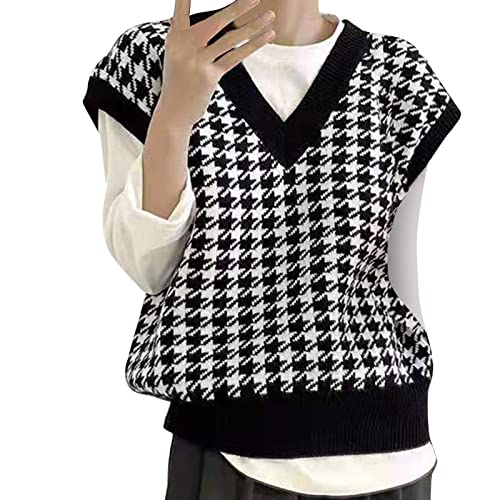 Für Damen,Frauen Strickpullover Weste Mode Schwarz Und Weiß Geometrische Plaid V-Ausschnitt Herbst Winter Lose Ärmellose Pullover Gilets Pullover Stricken Tank Top Cami Weste Bluse Outwear Mantel von Generic