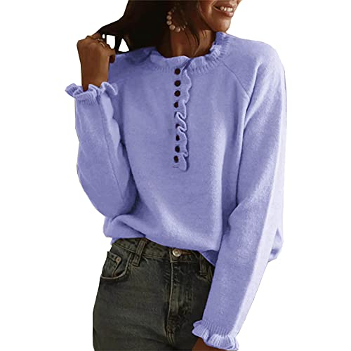 Für Damen Damen O-Ausschnitt Langarm Pullover Casual Einfarbig Knopf Pullover Rüschen Strickpullover Daunenjacke Damen Outdoor Mantel Loose Fit Oberbekleidung, violett, 42 von Generic