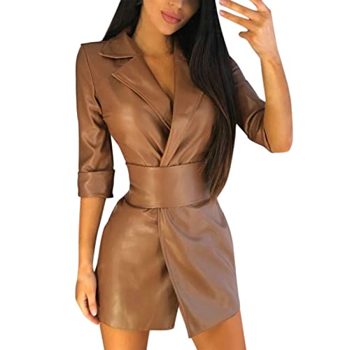 Für Kleid Festlich Damen Frauen Cooler Ledermantel Langarm V-Kragen Winterjacke Pu Sexy Bodycon Lederkleid Blazer Minikleid mit Gürtel Cocktailkleider Blau von Generic