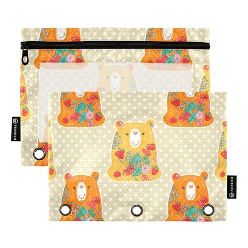 Fun Art Federmäppchen mit 3 Ringbändern, Bären, Blumenmuster, Stiftebeutel mit Reißverschluss, Schulbinder, transparente Taschen, niedlich, 24,9 x 18 cm, 2 Packungen von Generic