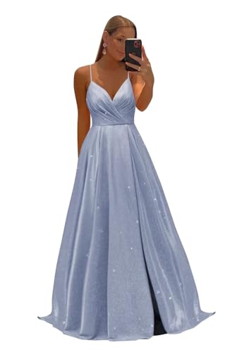 Funkelnde Ballkleider Damen SpaghettiträGer V-Ausschnitt Lange Brautjungfernkleider Formelle Abendkleider Mit Hohem Schlitz Dusty Blue L von Generic