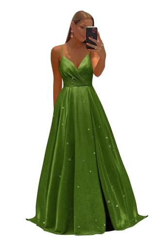 Funkelnde Ballkleider Damen SpaghettiträGer V-Ausschnitt Lange Brautjungfernkleider Formelle Abendkleider Mit Hohem Schlitz Grass Green 3XL Funkelnde Ballkleider Damen SpaghettiträGer V-Ausschnitt Lange Brautjungfernkleider Formelle Abendkleider Mit Hohem Schlitz Grass Green 3XL von Generic