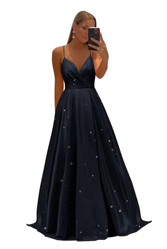 Funkelnde Ballkleider Damen SpaghettiträGer V-Ausschnitt Lange Brautjungfernkleider Formelle Abendkleider Mit Hohem Schlitz Navy 5XL von Generic