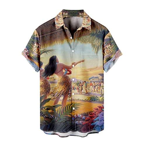 Funky Hawaii Hemd Männer Fronttasche Sommerhemd Herren Kurzarm Funky Hawaii Hemd Herren Stehkragen Muster Sommerhemde Freizeit Hemd Kurzarmhemd Stehkragenhemd Hawaii-Print Farben Kaffee 3XL von Generic