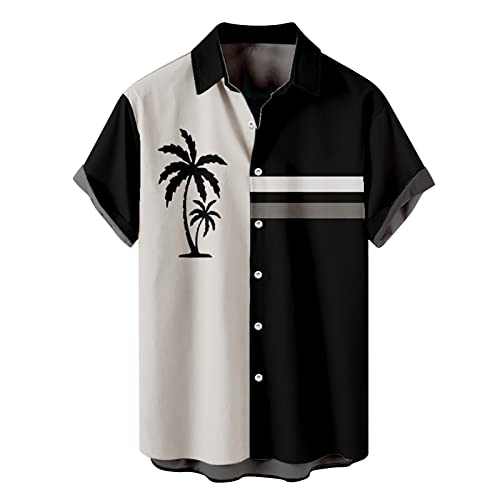 Funky Hawaii Hemd Männer Kurzarm Fronttasche Bügelfrei Strand Beach Sommer Sommer Freizeithemden Kurzarm Stehkragen Muster Herrenhemden Wanderhemd Beach Palmen Diverse Farben Marine XL von Generic