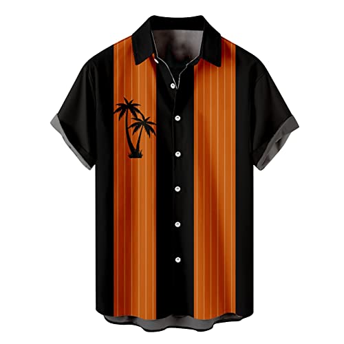 Funky Hawaii Hemd Männer Kurzarm Fronttasche Bügelfrei Urlaub Sommer Strand Sommerhemd Freizeithemd Stehkragen Muster Herrenhemden Wanderhemd Casual Floral Blumenmuster Hawaiihemd Orange 3XL von Generic