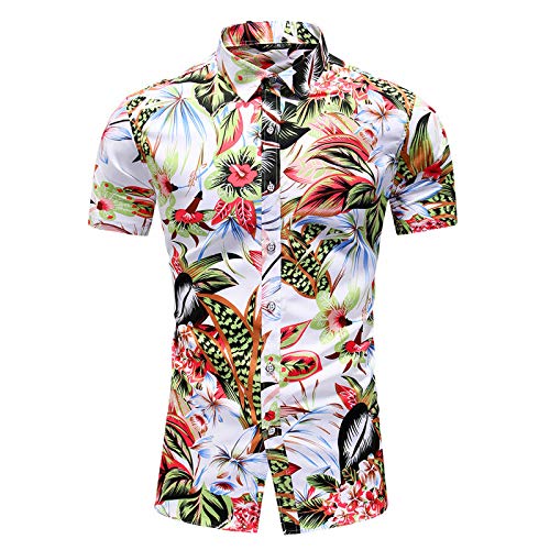 Funky Hawaii Hemd Männer Kurzarm Fronttasche Hemd Stehkragen Lässiges Sommer Freizeithemden Vintage Urlaub Strand Stehkragenhemd Regular Fit Freizeithemd Blumenmuster Hawaiihemd Weiß XL von Generic