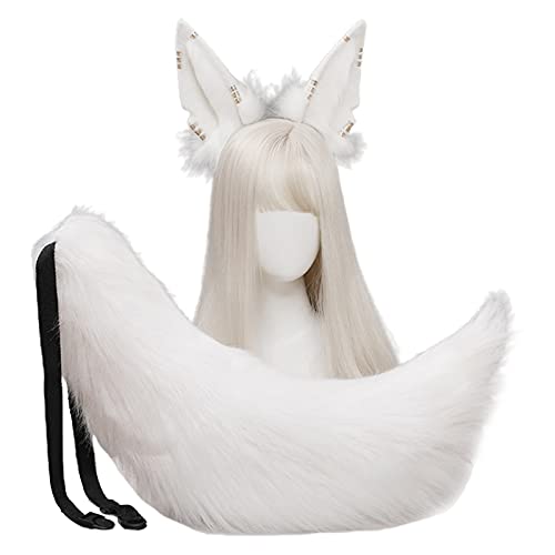 Furry Animal Wolf Ohren Kawaii Hair Hoop Tail Set Lolita Kostüm Lang Fell Kopfschmuck für Halloween Party Dekoration (Weiß 2) von Generic