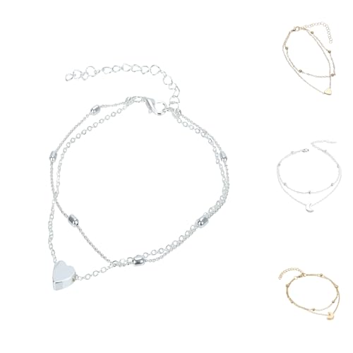 Fußkettchen Herz für Damen - Wasserfest I Mehrreihige Fußkette - Verstellbar I Filigraner Edelstahl Fußschmuck in Gold - Silber - Rosegold (01 Silber, Einheitsgröße) von Generic