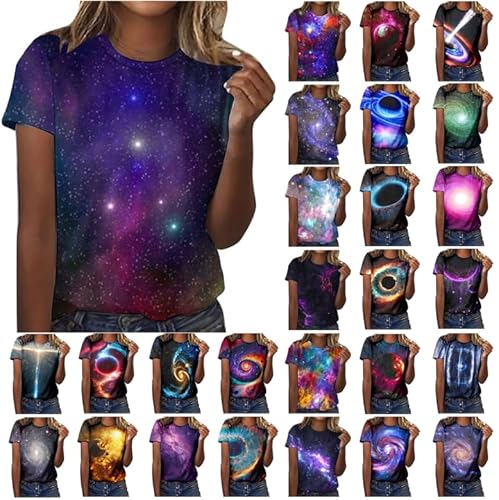 Galaxy Shirt Damen 3D Galaxie Bedrucken T-Shirt Modische Sternenhimmel Sommershirts Rundhals Kurze Ärmel Tshirt Klassisch Bluse Passform Oberteile Dünne Sportshirt Basic Tops Frühlingsangebote von Generic