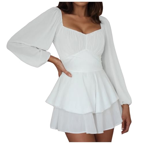 Gebauschtes Rüschenkleid ntegrierten Shorts schulterfrei Stufenkleid Chiffon Freizeitkleid Piratenkostüm Damen Swing Trägerloses Piraten Weißes Kleid Schulterfreies Sommerkleider Langen Puffärmeln von Generic
