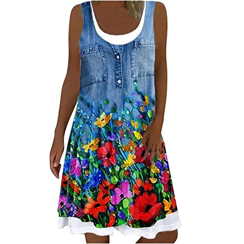 Gefälschtes zweiteiliges Imitat Jeanskleid Damen Lässiges Minikleid mit Blumendruck Ärmelloses Trägerkleid Skater Kleider A Linie Kleid Lockeres knielanges Freizeitkleid Urlaub von Generic