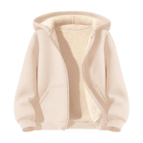 Gefütterte Fleecejacke Mädchen Junge Sweatjacke Reißverschluss Warm Winterjacke Fleece Jacke Einfarbig Sport Kapuzenpullover Langarm Lässige Mäntel (Beige, 12-13 Years) von Generic