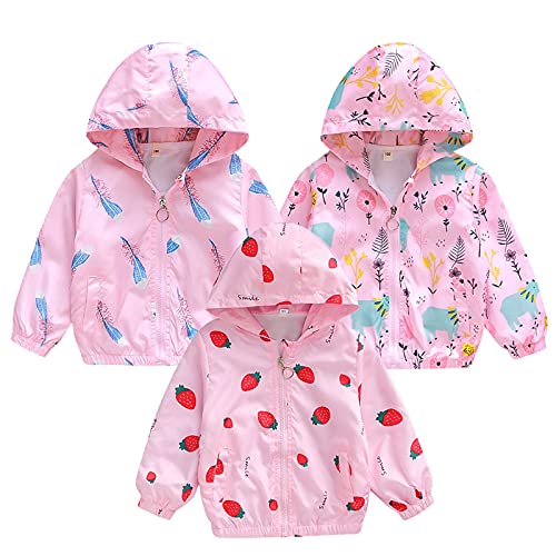 Gefütterte Regenjacke Babymädchen Wasserdicht Winddichter Softshelljacke Kinder Zipper Jacke mit Druck Leichte Übergangsjacke Dünn Langarm Kapuzenjacke Outdoorjacke (Watermelon Red, 3-4 Years) von Generic