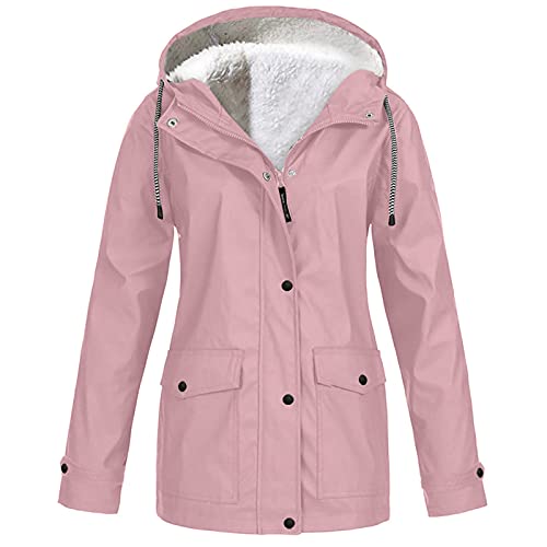 Gefütterte Regenjacke Damen Fleecejacke Damen Lang Winterjacke Jacke Übergangsjacke Softshelljacke Wasserdicht Teddy Fleecejacke Fahrradjacke Outdoorjacke Laufjacke Wasserdicht Atmungsaktiv Rosa XXL von Generic