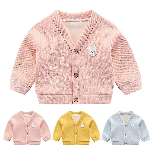 Gefütterte Strickjacke Baby Mädchen Junge Süße Jacke mit Knopfleiste Bärenmuster Langarm Übergangsjacke Baumwolle Warme Cardigan V-Ausschnitt Weiche Mäntel (Pink, 3-6 Months) von Generic