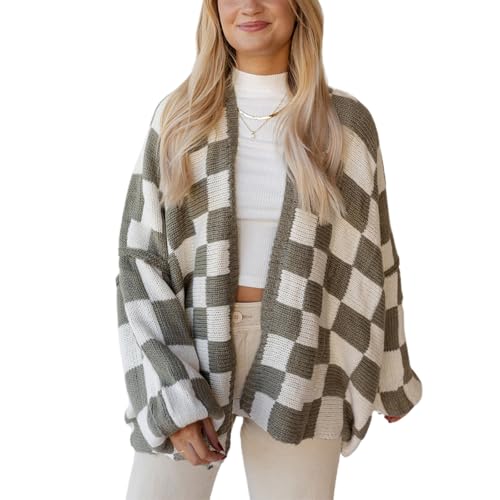 Gehäkelte Strickjacke für Frauen Laterne Ärmel Plaid Print Open Front Pullover Jacke Mantel Warm Chunky Outwear (Gray, L) von Generic
