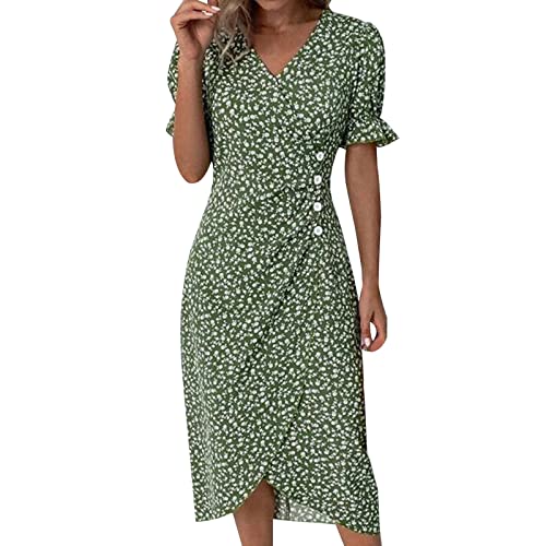 Geknöpftes Damenkleid mit V-Ausschnitt Blasenärmeln, unregelmäßigem Saum Kleid Mit Plisseerock Damen von Generic