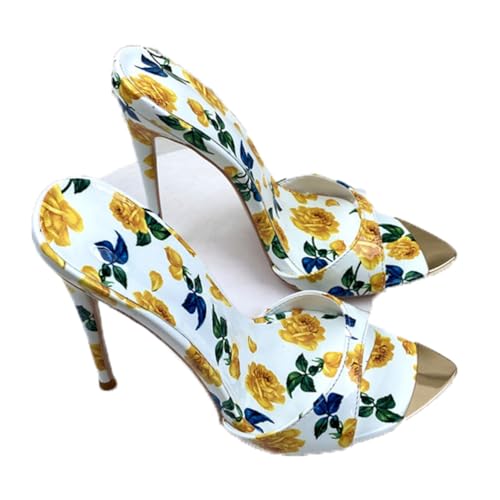 Gelb,37 EU,Damen Stiletto High Heel Peep Pointed Toe Sandalen Slingback Slip-on Slipper Bedruckt Hochzeit Büro Basic Classic 4,7 Zoll Heels von Generic