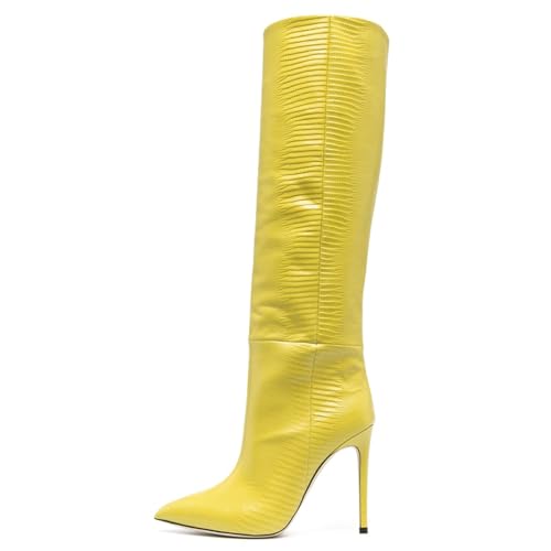 Gelb,40 EU,Kniehohe Stiefel für Damen, breite Waden, Lange Stiefel, PU-Leder, Spitze Zehenpartie, zum Hineinschlüpfen, Stilettoabsatz, hohe Stiefel, Herbst-Winter-Abendschuhe von Generic