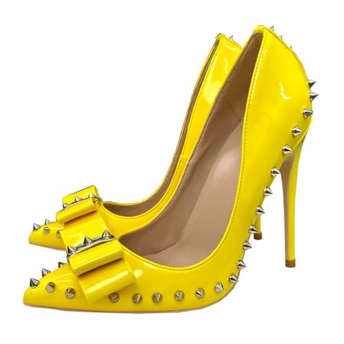 Gelb,41 EU,Damen High Heels Spitz Geschlossene Zehenpartie Slip on Stiletto Pumps mit Nieten Kleid Hochzeit Party Schuhe Mit Schleife von Generic