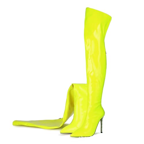 Gelb,41 EU,Modische Overknee-Stiefel mit Reißverschluss hinten für Damen aus Lackleder, PU, Spitze Zehenpartie, Stiletto-Absätze, Overknee-Stiefel, Party-Abendschuhe von Generic