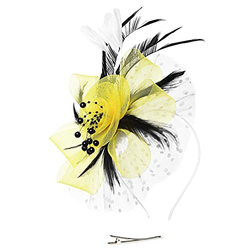 Gelbe Schweißbänder Hut für Frauen, Hochzeit, Cocktail, Mesh, Federn, Haarspange, Teeparty-Stirnband Stimmband (Yellow, One Size) von Generic