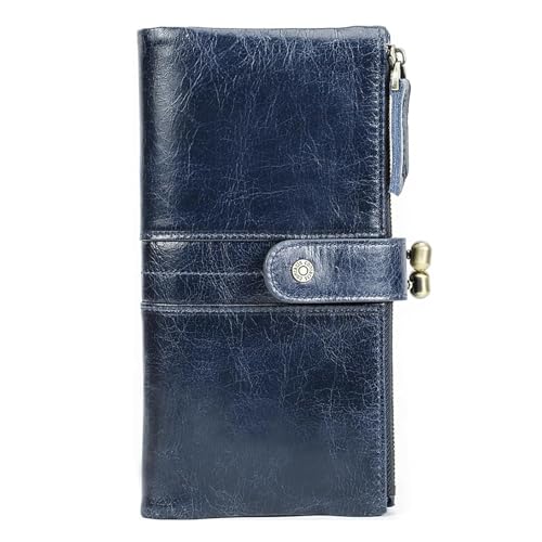 Geldbörse Damen aus echtem Leder mit RFID-Schutz, 12 Kartenfächer, 2 Geldscheinfächer, Münzfach, mittellanges Design für den täglichen Gebrauch, Blau, Einfarbig von Generic