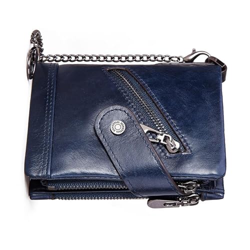 Geldbörse aus echtem Rindsleder, RFID-blockierend, für Herren, doppelter Reißverschluss, mit Diebstahlschutzkette, 13 Kartenfächern und Schnellzugriffstasche, Blau, Einfarbig von Generic