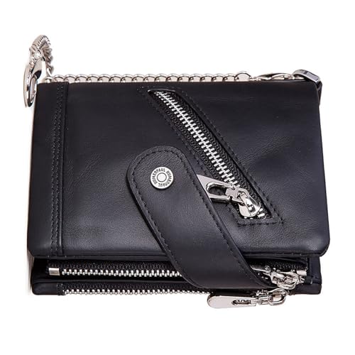 Geldbörse aus echtem Rindsleder, RFID-blockierend, für Herren, doppelter Reißverschluss, mit Diebstahlschutzkette, 13 Kartenfächern und Schnellzugriffstasche, Schwarz, Einfarbig von Generic