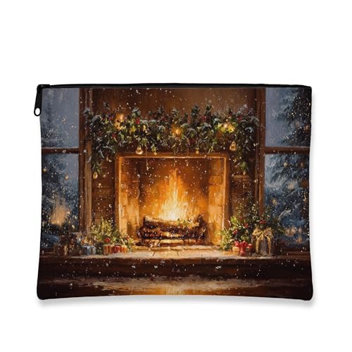 Gemütliche Schminktasche für Kamin, Reise-Kosmetiktasche, Reisetasche für Frauen, tragbarer Organizer aus Segeltuch mit Reißverschluss, Weihnachts-Kulturbeutel, braun, 7x9 Inch, Kamin von Generic