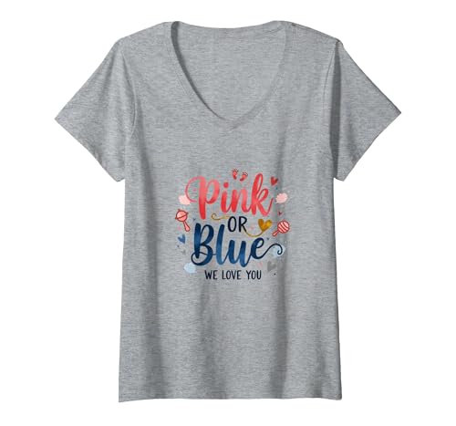 Gender Reveal Pink oder Blau We Love You Baby Celebration T-Shirt mit V-Ausschnitt, Damen, Grau Meliert, XXL von Generic