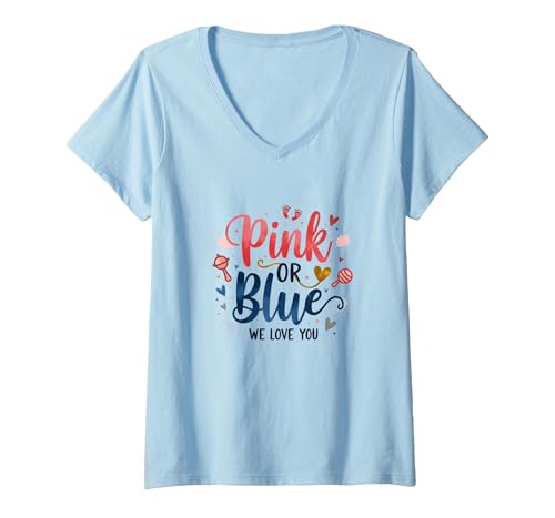 Gender Reveal Pink oder Blau We Love You Baby Celebration T-Shirt mit V-Ausschnitt, Damen, Himmelblau, XXL von Generic