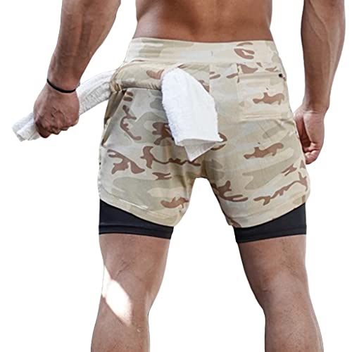 Generic 2 Stk Sportshorts für Herren mit Tasche Fitness-Hose mit Schnalle Zum Aufhängen von Handtüchern Atmungsaktive 2-in-1-Trainings-Laufhose (Color : Camouflage khaki, Size : L) von Generic