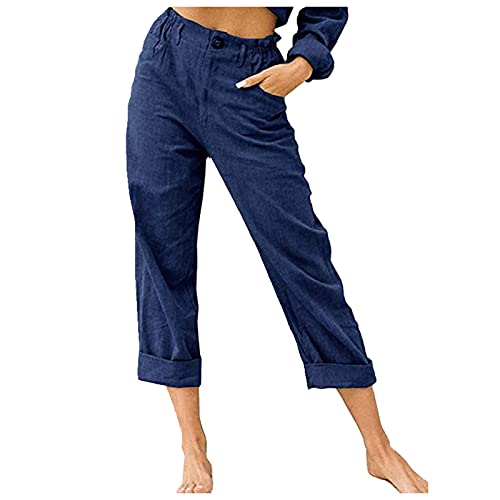 3/4 Hose Damen Sommer Leinenhose Damen Sommer Große Größen Freizeithose 7/8 Länge Haremshosen Knopfleiste Leinen Hose mit Taschen Elegant Bequem Sommerhose Jogginghose von Generic