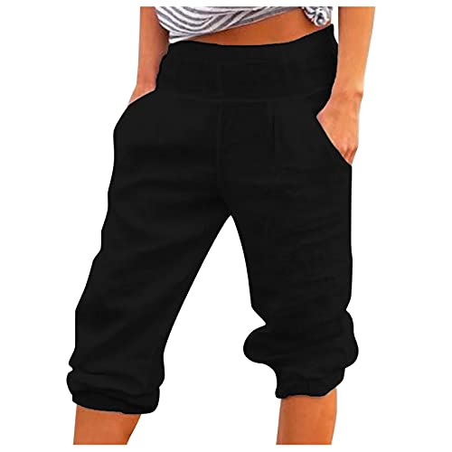 Generic 3/4 Hose Damen Sommer Leinenhose Damen Sommer Leinen Baumwolle für Frauen Sommerhose Damen Leicht Haremshose Luftige Stoffhose Freizeithose Pumphose Yogahose Jogginghose Sporthose von Generic