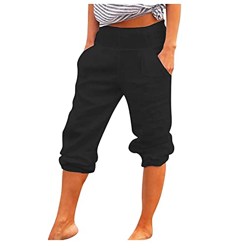 3/4 Leinenhose Damen Sommer Stretch Leinen Baumwolle 7/8 Hosen für Frauen Sommerhose Damen Leicht Luftige Stoffhose Freizeithose Pumphose Yogahose Jogginghose Sporthose von Generic