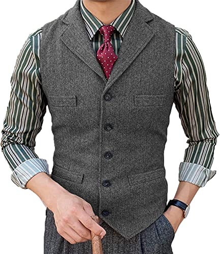 Generic Ärmellose Outwear Herren Streetwear Weste Einfacher Stil Herren Klassische Anzugweste Kerb Revers Wolle Tweed Weste Für Hochzeit (Color : GRAY, Einheitsgröße : L) von Generic